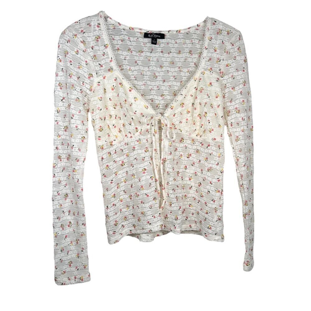Self Esteem Small Floral Sheer Tie Front Bow Long Sleeve Cottage